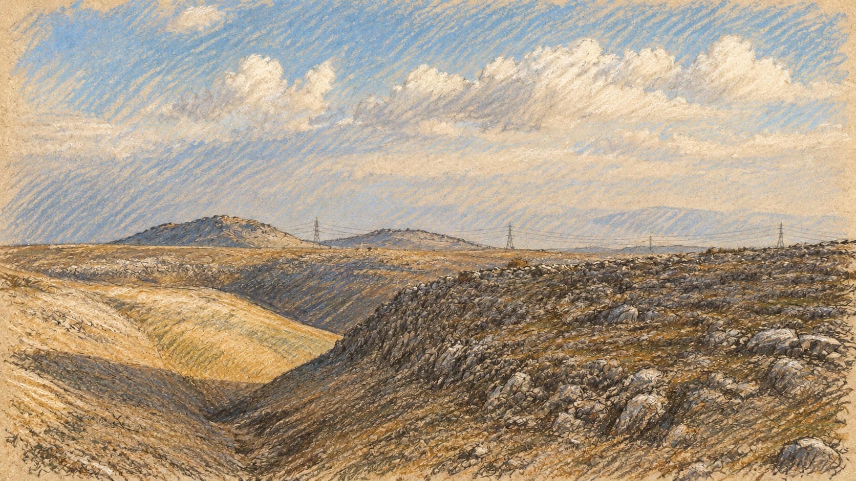 Courtroom-sketch editorial illustration of an archival Upper Galilee landscape in northern Israel, used as context rather than a depiction of the school trip or explosion site.