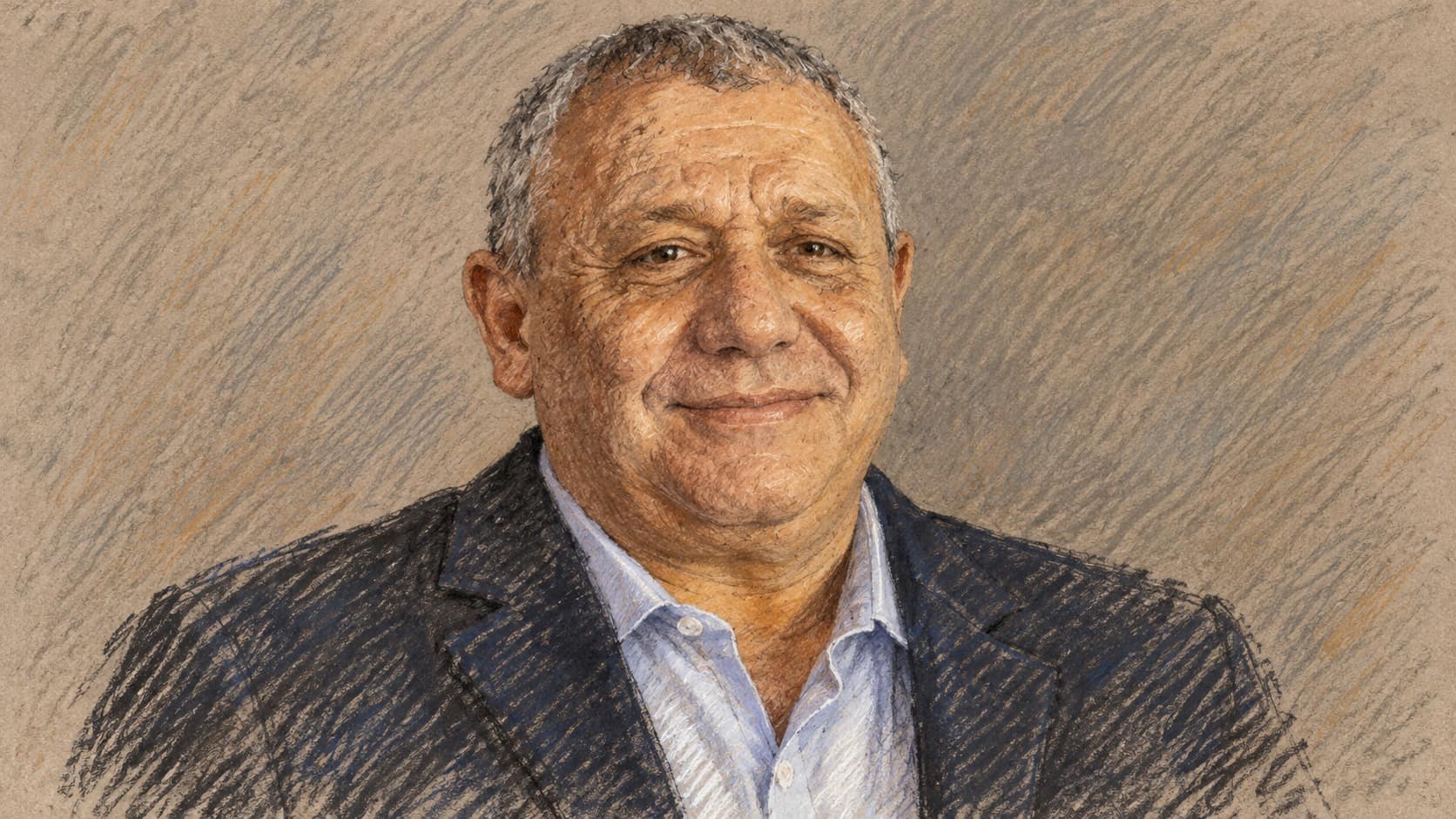 Courtroom-sketch editorial illustration of Gadi Eisenkot alone in a dark civilian jacket and pale blue shirt, based on an archival February 2024 portrait; contextual depiction of the speaker.