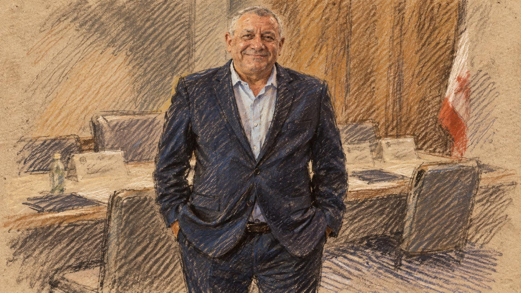 Courtroom-sketch editorial illustration of Gadi Eisenkot standing in a suit in an archival February 2024 conference-room portrait; contextual image, not a depiction of the October 2026 activist message.