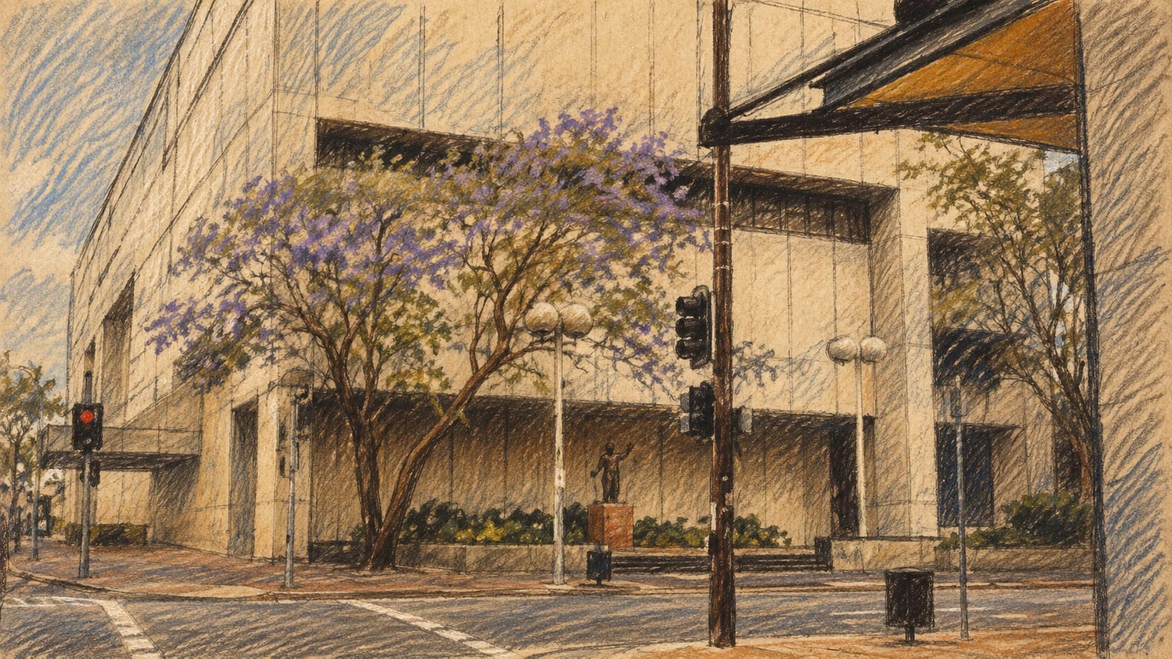 Courtroom-sketch editorial illustration of the former Law Courts Complex on George Street in Brisbane, with jacaranda trees, streetlights and a road in front, rendered in warm ochre and slate-blue pastel strokes; archival 2005 judicial context, not a depiction of the October 2026 inquest or its venue.