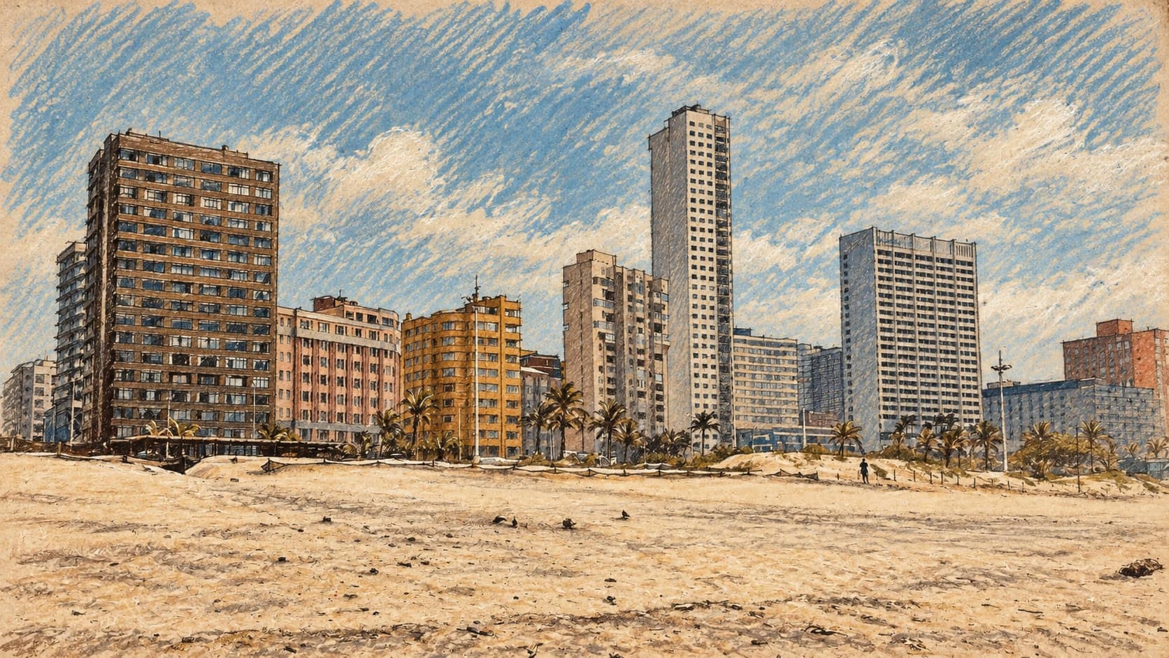 Courtroom-sketch editorial illustration of Durban’s South Beach sand and beachfront skyline, rendered in warm ochre and slate-blue pastel strokes; archival contextual imagery based on a photograph titled 28 October 2024, not the disputed billboard or the court application.