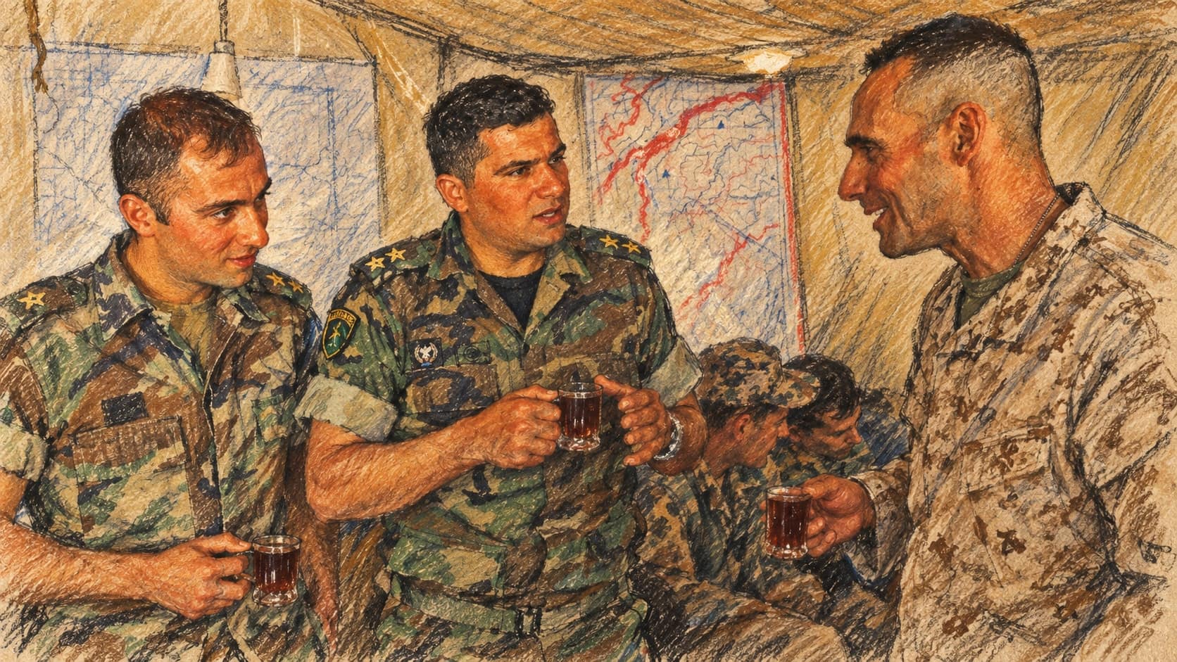 Courtroom-sketch editorial illustration of Lebanese soldiers and a U.S. Marine sharing tea inside a tent with maps during archival Eager Lion training in Jordan; military cooperation context, not a depiction of the October 2026 EU mission approval, rendered in warm ochre and slate-blue pastel strokes.