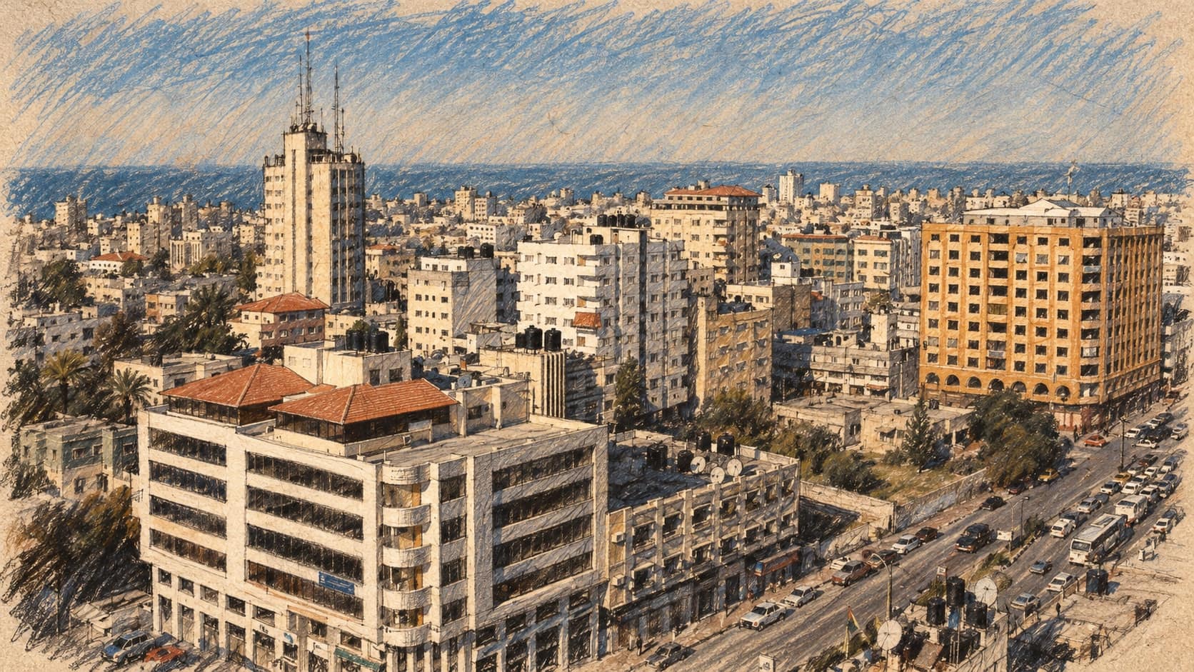 Courtroom-sketch editorial illustration of an archival 2007 Gaza City panorama used as geographic context
