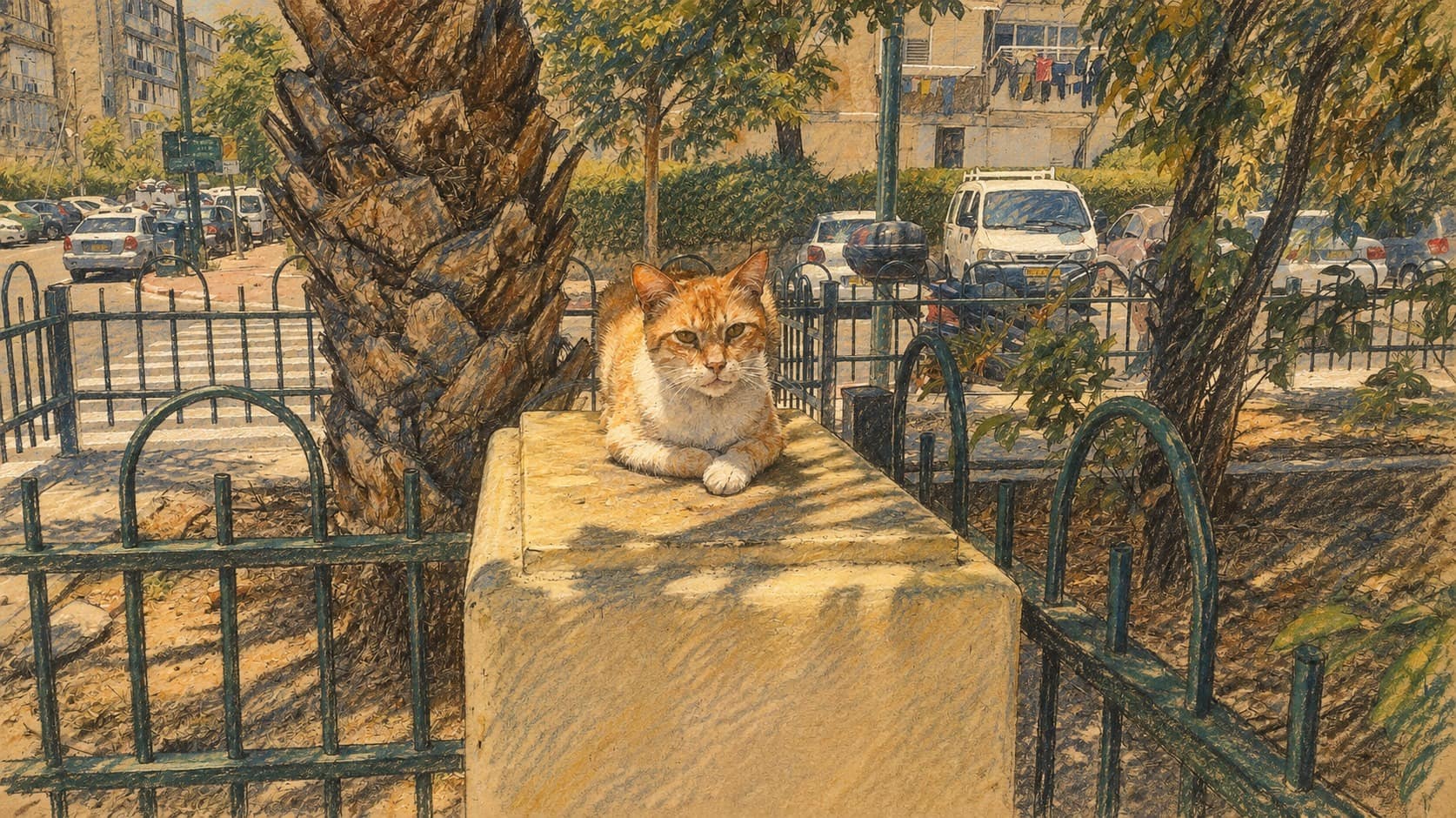 Courtroom-sketch editorial illustration of an archival Ramat Gan cat seated on a utility box beside a palm tree and railings, providing context for community-cat care