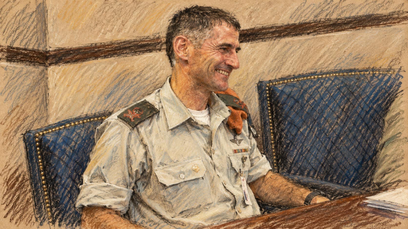 Courtroom-sketch editorial illustration based on an archival portrait of Yair Golan seated in a pale short-sleeved shirt beside blue upholstered chairs; contextual depiction of the speaker.