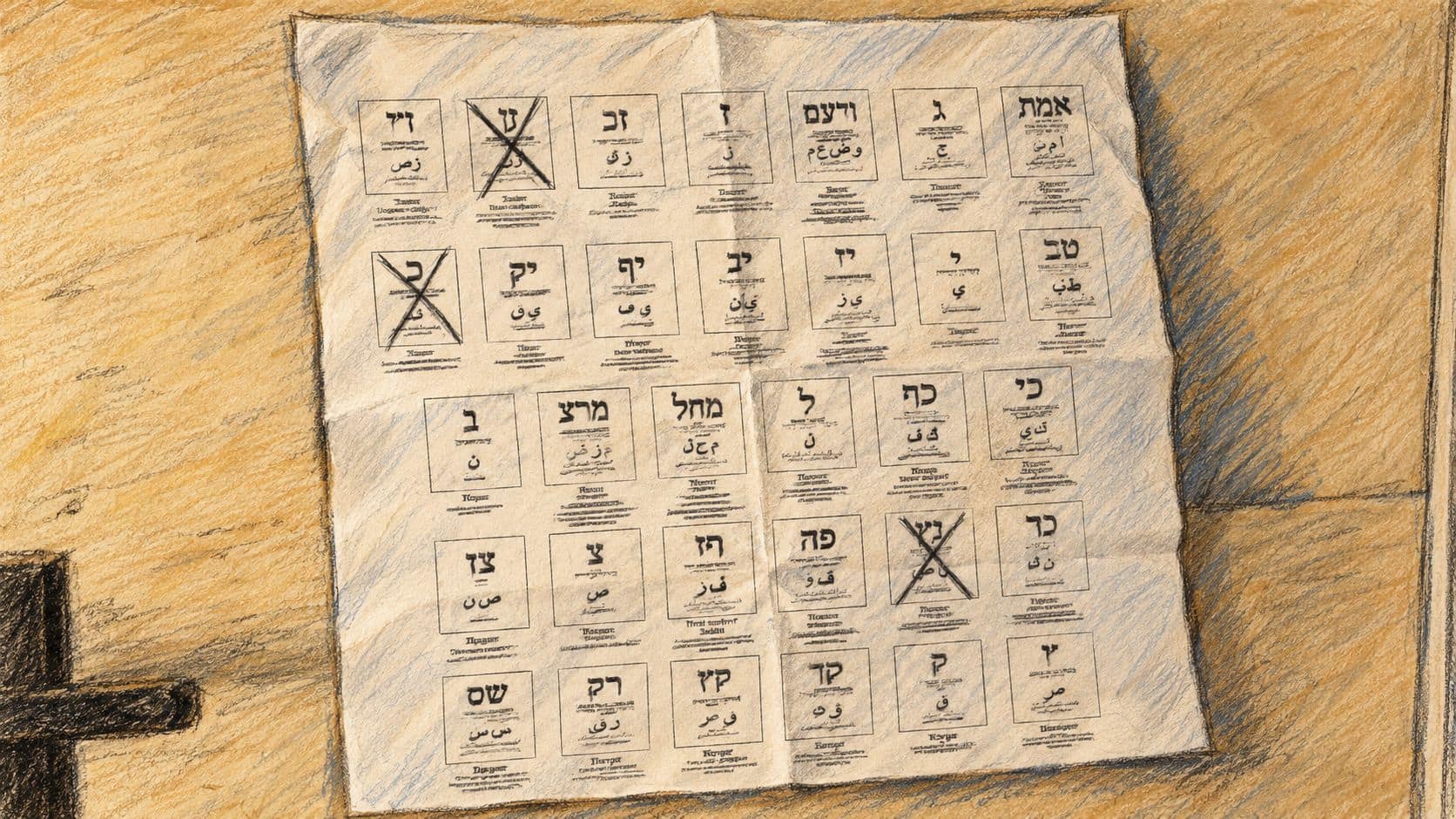 Courtroom-sketch editorial illustration of an archival September 2019 Israeli polling-station ballot-reference sheet; contextual election image