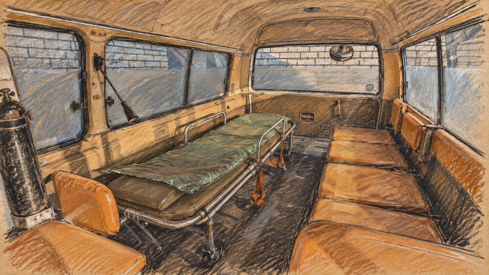 Courtroom-sketch editorial illustration of an empty historical ambulance interior, with a stretcher on the left, seating on the right and an oxygen cylinder; archival medical-transport context.
