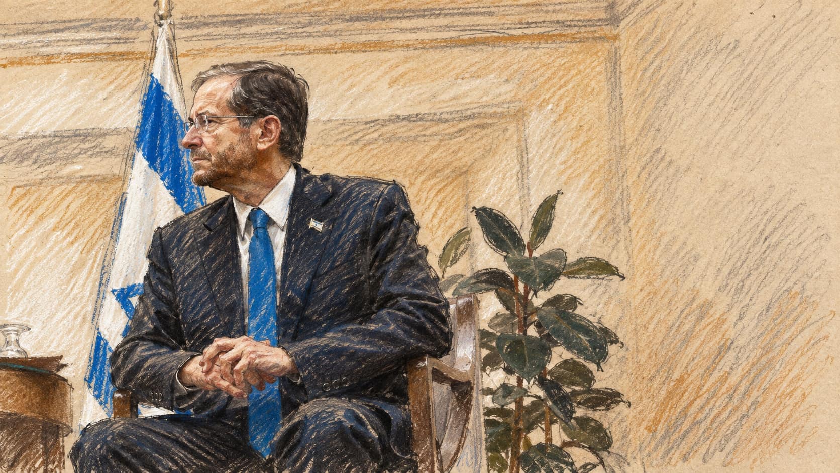 Courtroom-sketch editorial illustration of Isaac Herzog seated beside an Israeli flag, based on an archival November 2023 portrait crop