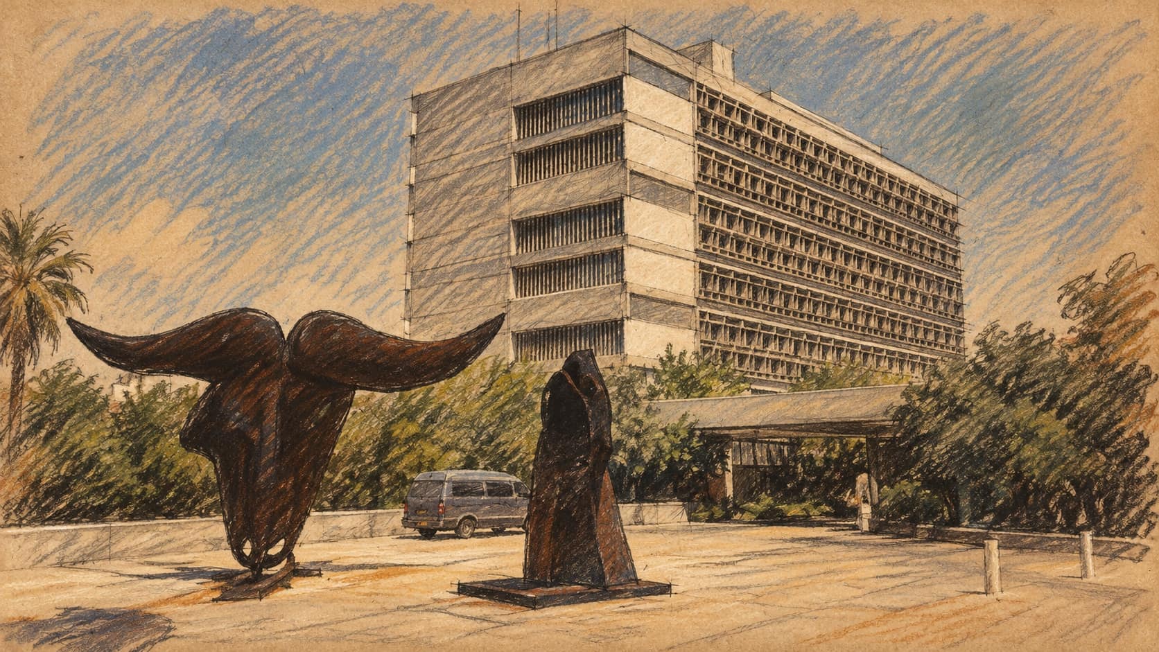 Courtroom-sketch editorial illustration of an archival Tel Aviv District Court exterior and public plaza, used as contextual imagery rather than a depiction of the reported insolvency proceedings