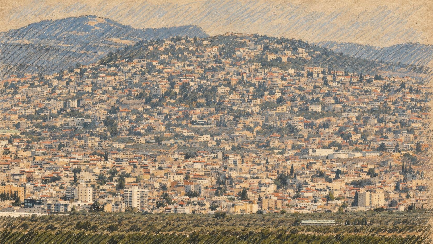 Courtroom-sketch editorial illustration of an archival view of Abu Sinan and the Yarka hillside, providing geographical context for the announced training area