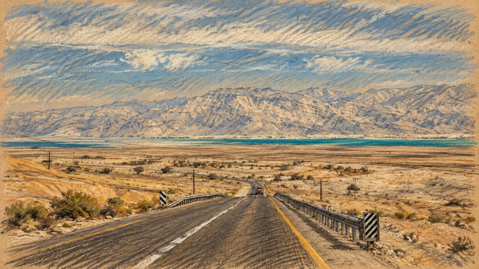 Courtroom-sketch editorial illustration of an archival view of the road approaching the Dead Sea at Ein Bokek, with desert scrub, guardrails and distant mountains; contextual landscape rather than the announced military drill.