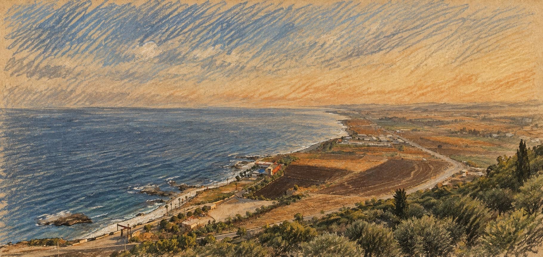 Courtroom-sketch editorial illustration of an archival view of southern Lebanon’s coastal plain, used as geographical context; it does not depict the disclosed operation or its location.