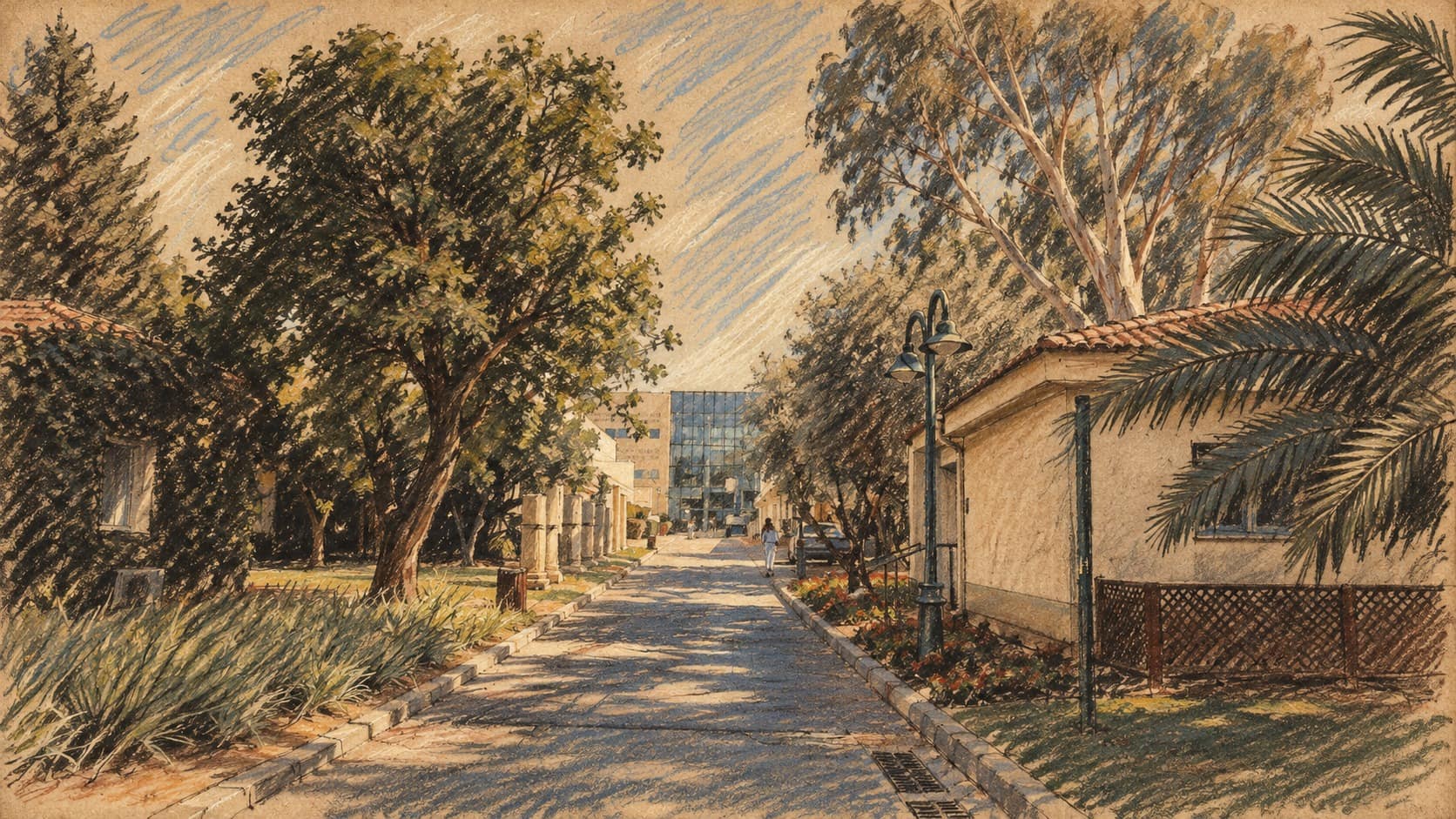 Courtroom-sketch editorial illustration of an archival tree-lined walkway at Reichman University in Herzliya, where Ori Goldberg lectured; campus context rather than a portrait or a depiction of his death.