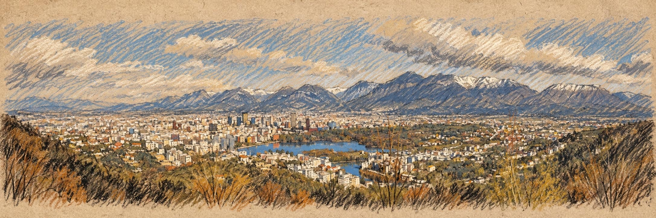 Courtroom-sketch editorial illustration of the Tirana cityscape and lake beneath distant mountains, based on an archival December 2024 panorama; geographic context, not a depiction of the agreement signing.