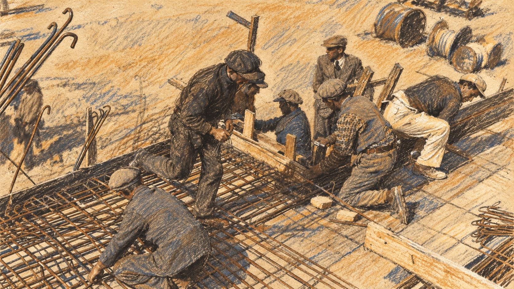 Courtroom-sketch editorial illustration of archival construction workers tying steel reinforcement in Tel Aviv in 1934; contextual scene, not the current Israel–Vietnam talks.