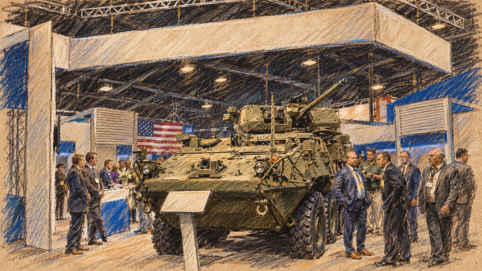 Courtroom-sketch editorial illustration of an archival AUSA 2017 exhibition booth with a U.S. wheeled armored vehicle and visitors in Washington; exhibition context, not the Israeli pavilion or the 2026 event, rendered in warm ochre and slate-blue pastel strokes.