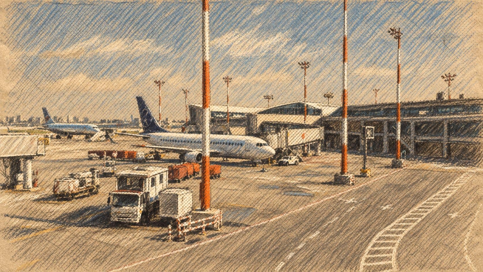 Courtroom-sketch editorial illustration of an archival Ben Gurion Airport apron with parked passenger aircraft, service vehicles, terminal buildings and light poles; airport context rather than a depiction of Flydubai aircraft, the attempted attack or the canceled meeting.