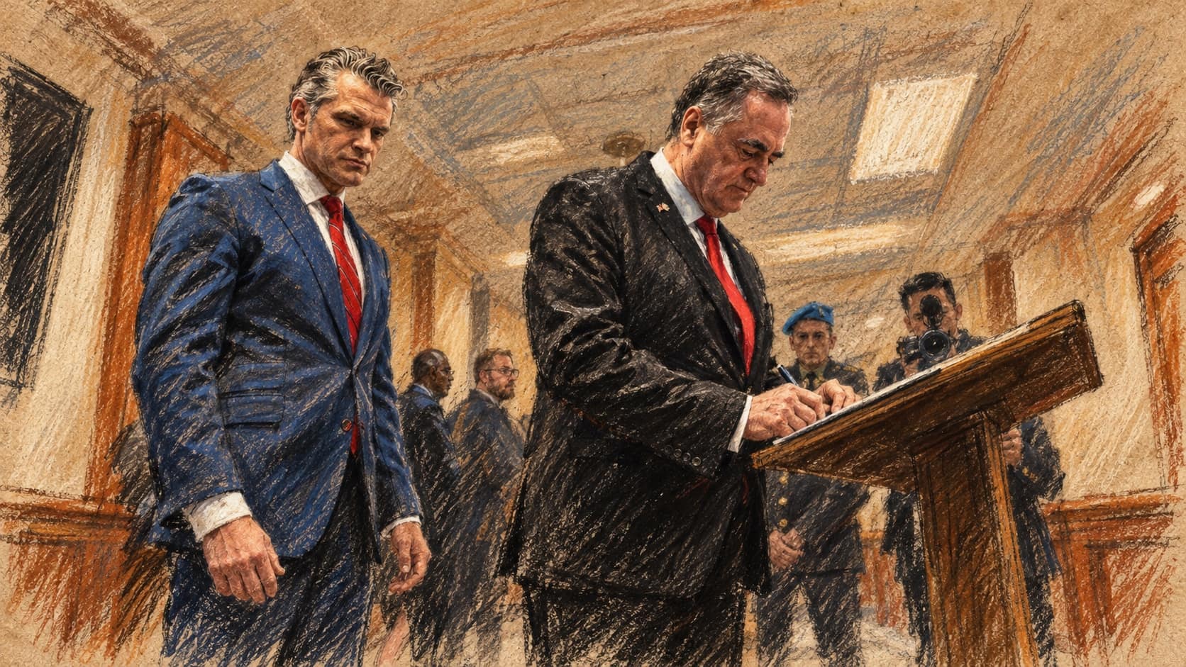 Courtroom-sketch editorial illustration of Israel Katz signing a guest book at the Pentagon with Pete Hegseth beside him, an archival July 2025 scene