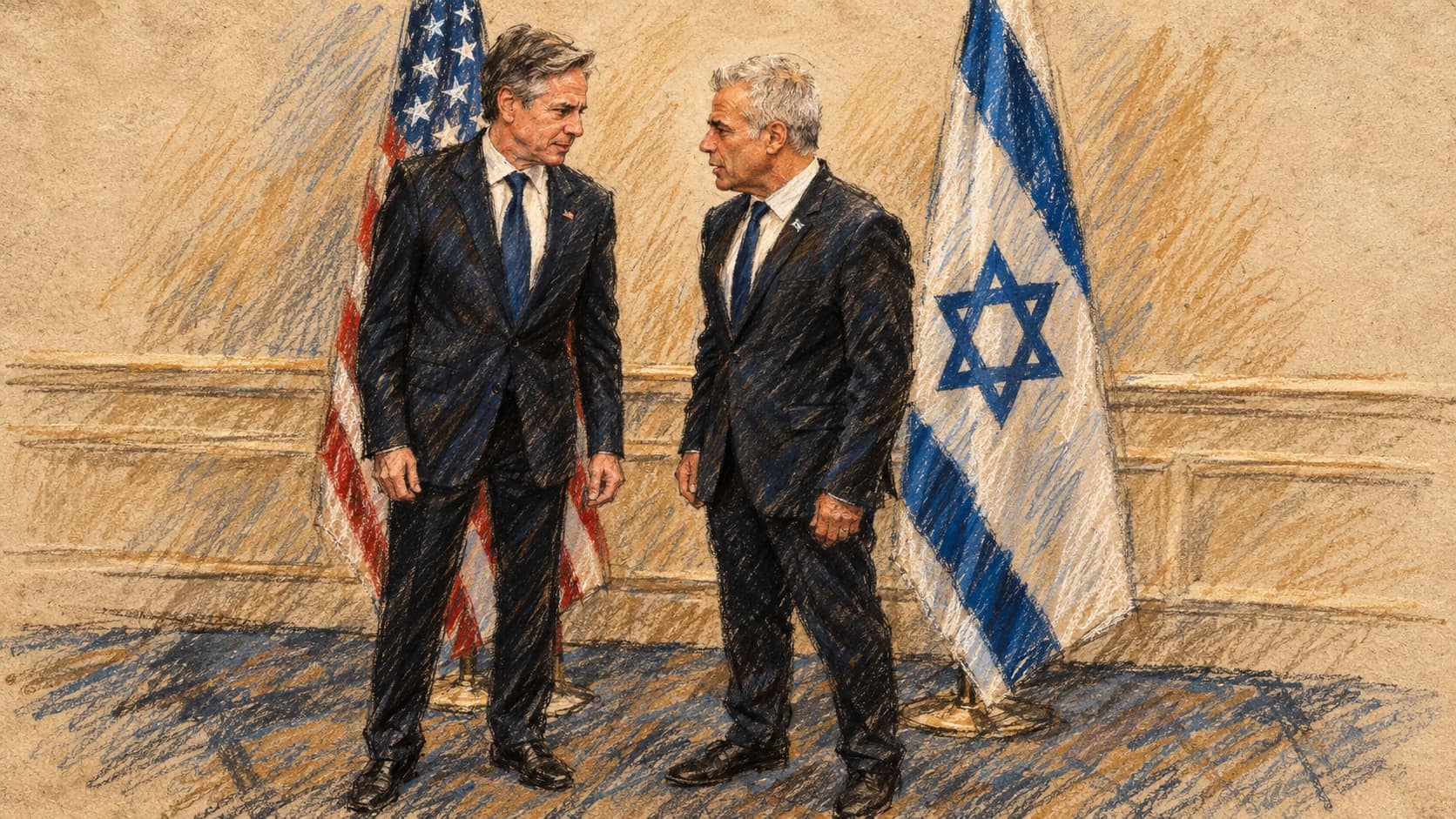 Courtroom-sketch editorial illustration of Yair Lapid at right and Antony Blinken at left, standing before Israeli and U.S. flags during an archival November 2023 meeting; contextual artwork, not the October 2026 unity-government statement.