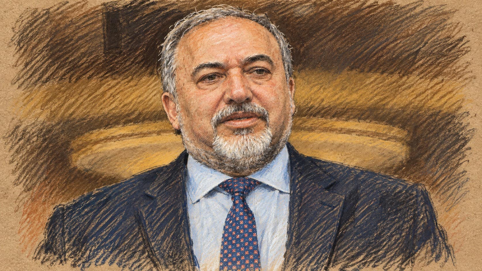 Courtroom-sketch editorial illustration of an archival portrait of Avigdor Liberman in a dark suit and patterned tie