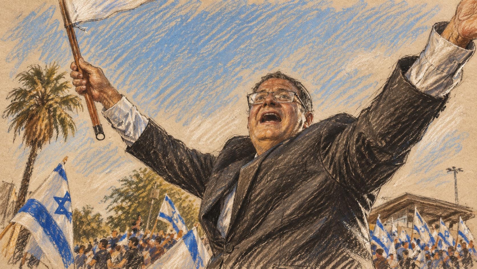 Courtroom-sketch editorial illustration of Itamar Ben Gvir raising his arms among Israeli flags, based on an archival June 2021 Flag March scene