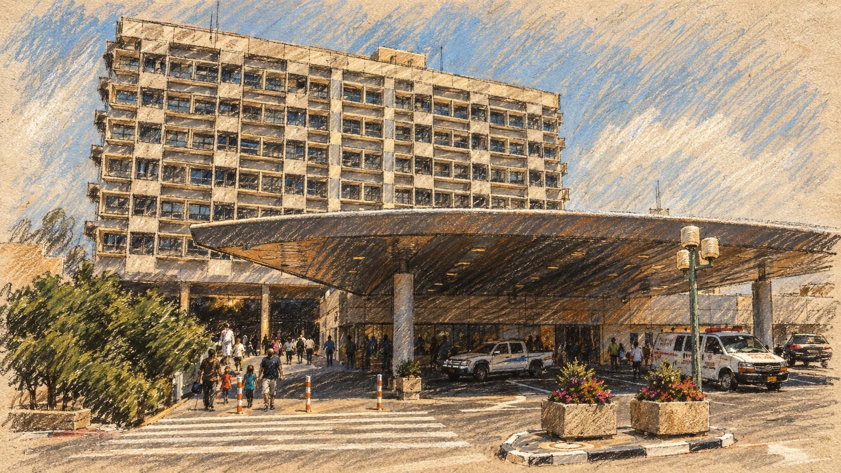 Courtroom-sketch editorial illustration of an archival exterior of Rambam Hospital, with its main building, emergency entrance and driveway; hospital context for the reported transport, rather than a depiction of the Nesher violence incident.