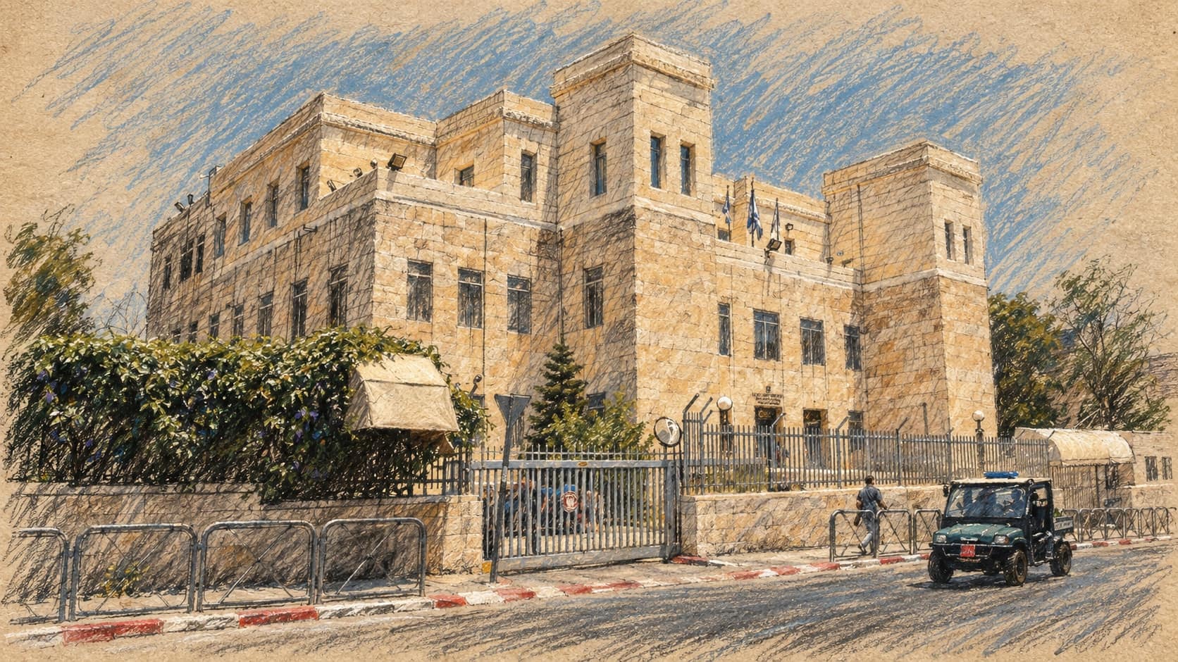 Courtroom-sketch editorial illustration of the archival Jerusalem District Court exterior, its fence, greenery and a passing car; judicial context, not a depiction of the testimony.
