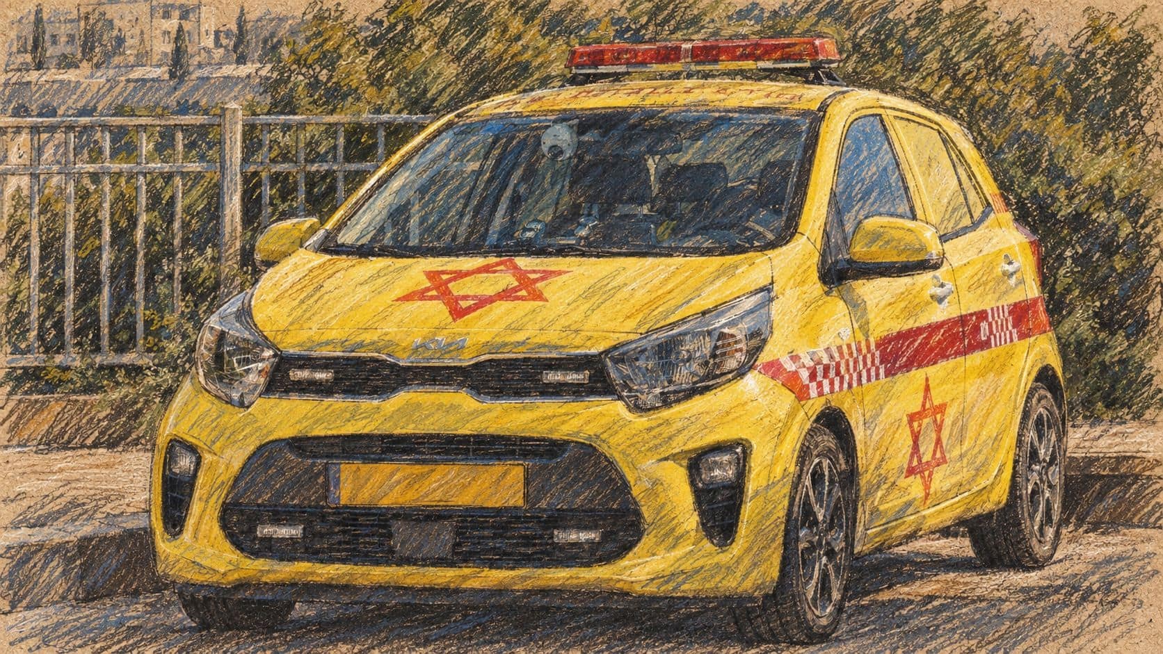 Courtroom-sketch editorial illustration of a parked yellow MDA immediate-response vehicle, shown as archival emergency-service context, not the October 12 explosion scene near Neot Mordechai