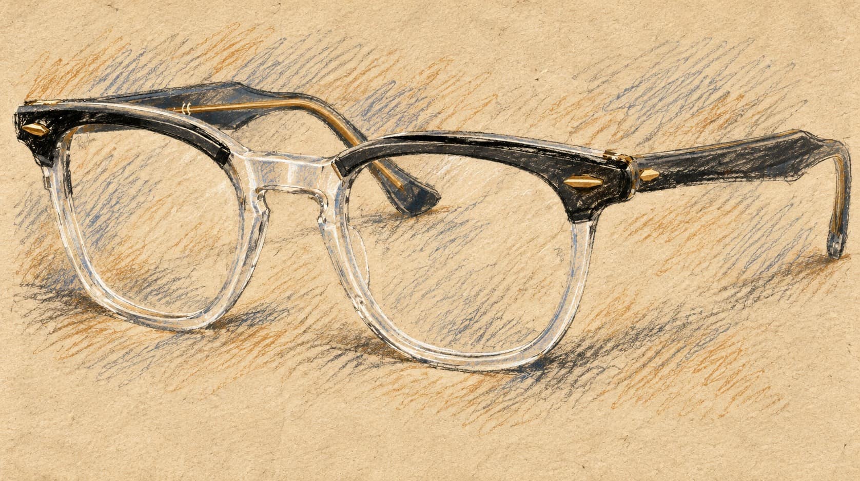 Courtroom-sketch editorial illustration of conventional browline eyeglasses with transparent lenses, shown as eyewear context rather than the Meta smart-glasses models or their Israeli rollout