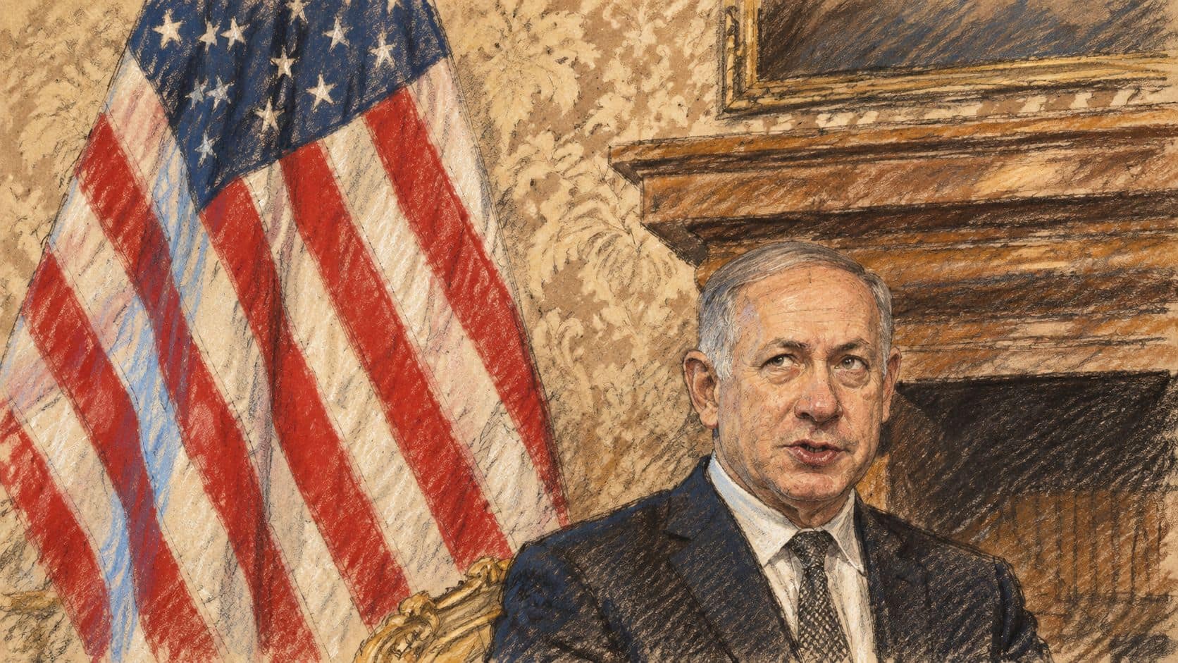 Courtroom-sketch editorial illustration of Benjamin Netanyahu seated beside a U.S. flag and fireplace, based on an archival June 2016 photograph; contextual likeness, not the October 2026 statement