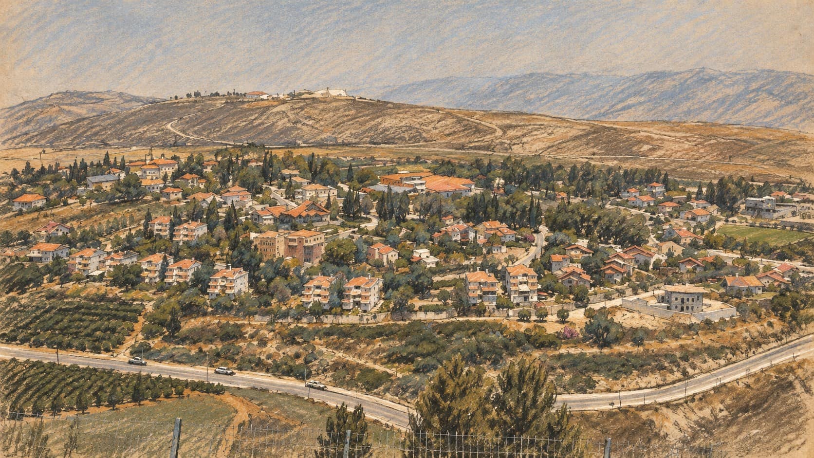 Courtroom-sketch editorial illustration of an archival June 2007 view over Metula homes, orchards and a winding road near the Israel-Lebanon border; contextual landscape rather than a depiction of the alleged drone incident