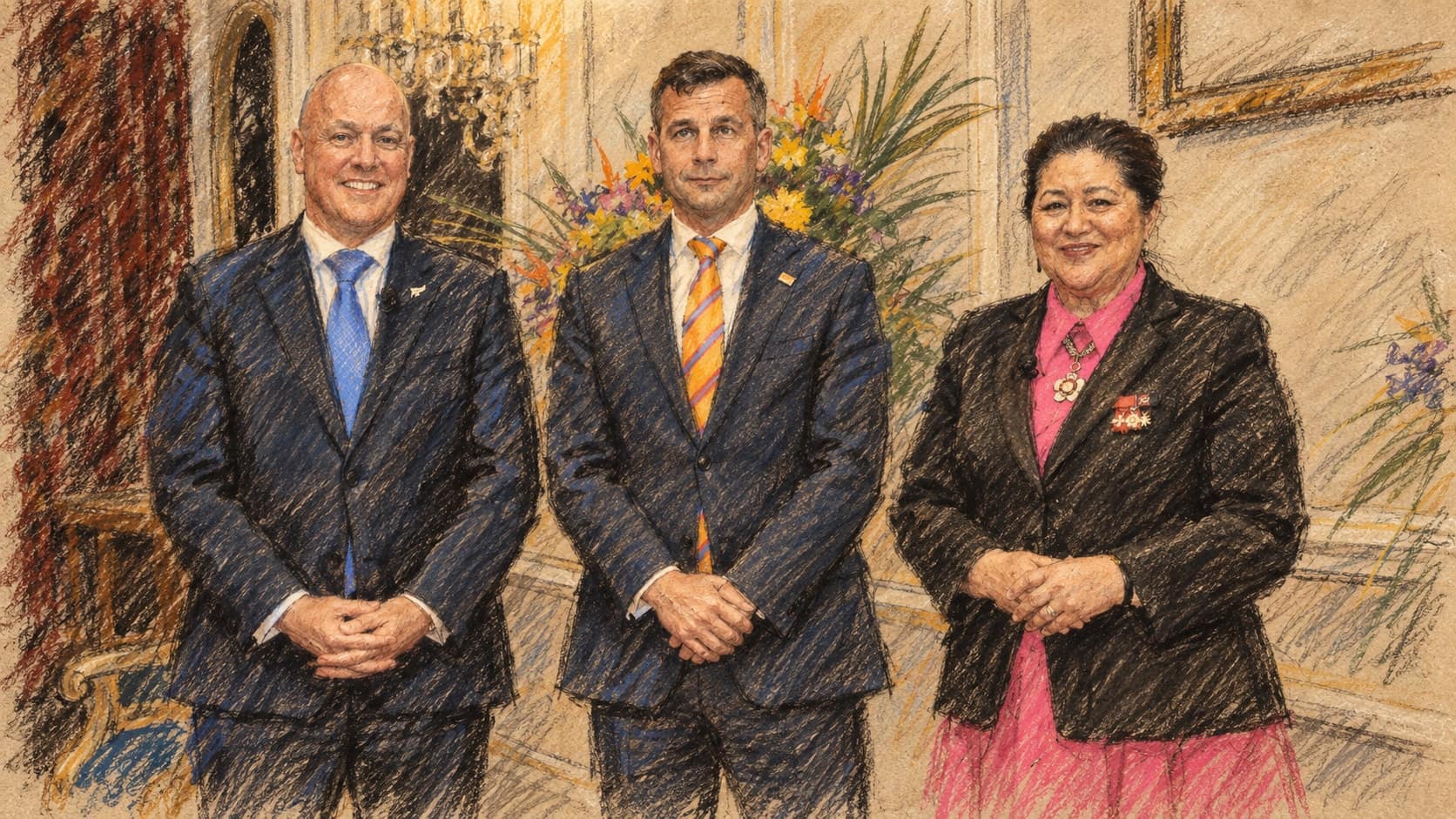 Courtroom-sketch editorial illustration of an archival November 2023 Government House portrait in Wellington, with Christopher Luxon left, David Seymour centre and Cindy Kiro right; contextual artwork, not a depiction of the Pakaraka School conversion, rendered in warm ochre and slate-blue pastel strokes.