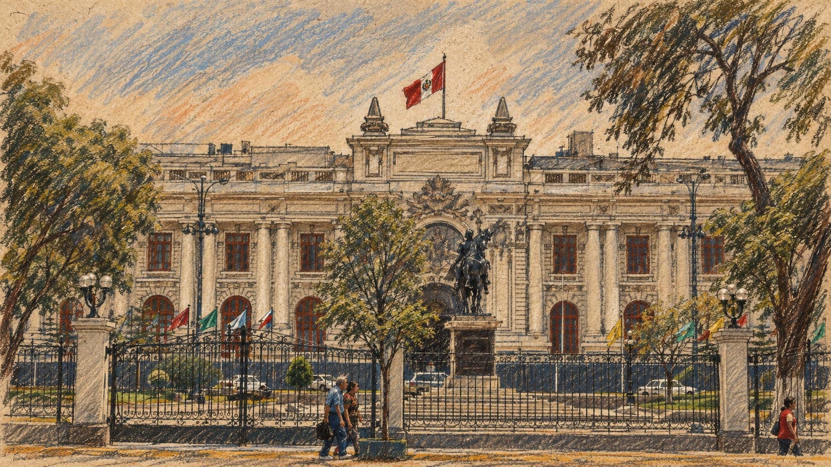 Courtroom-sketch editorial illustration of an archival April 2007 exterior view of Peru’s Congress building in Lima, with its equestrian statue, fence, trees and national flag; institutional context for the lawmaker, not a depiction of the trial, school or child, rendered in warm ochre and slate-blue pastel strokes.