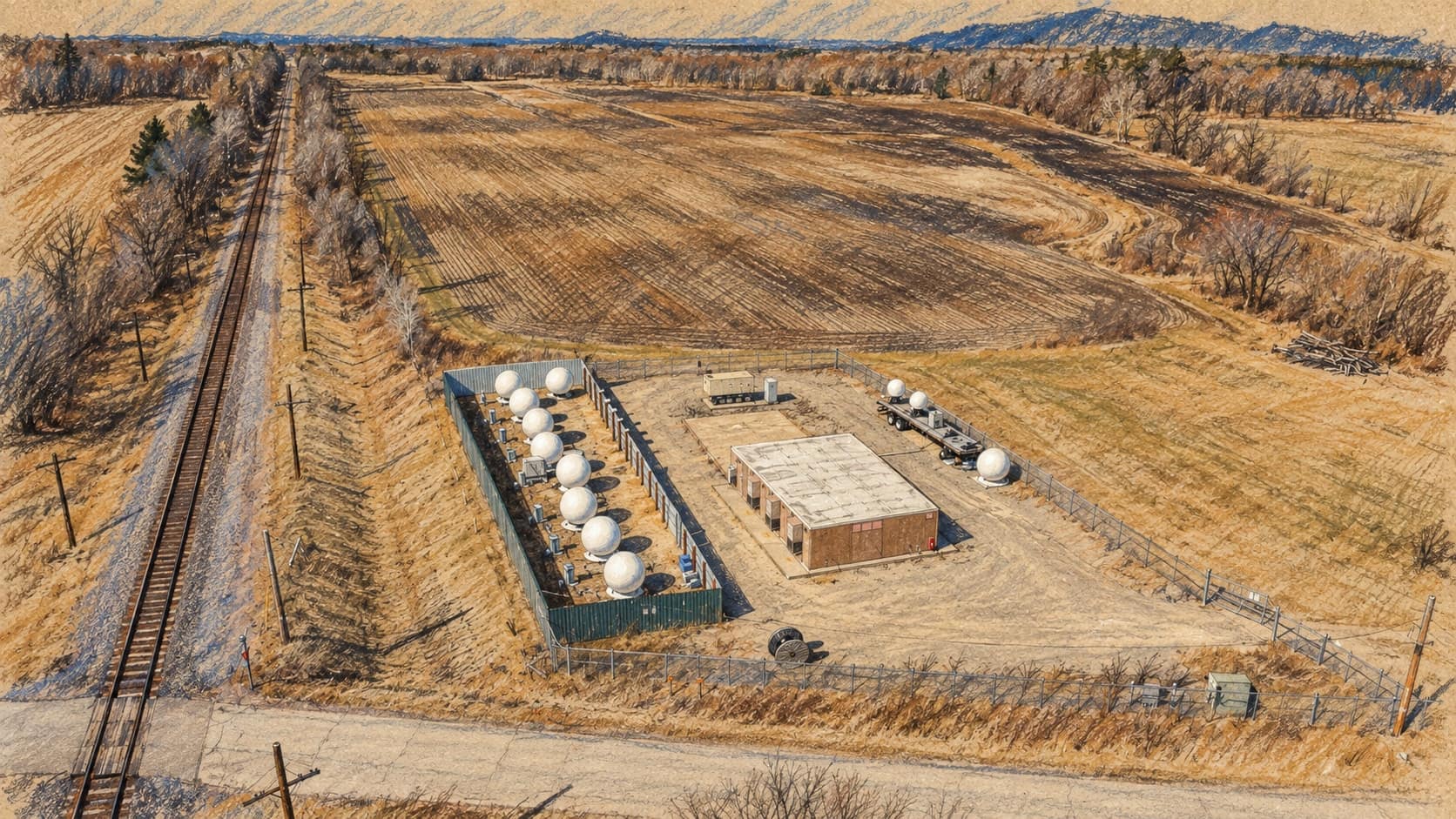 Courtroom-sketch editorial illustration of an archival April 2024 Starlink ground station in Merrillan, Wisconsin, with white dome antennas around an equipment building, railway tracks, a foreground road and surrounding fields; technology context, not the Wola Krobowska station, September arson or October arrests, rendered in warm ochre and slate-blue pastel strokes.