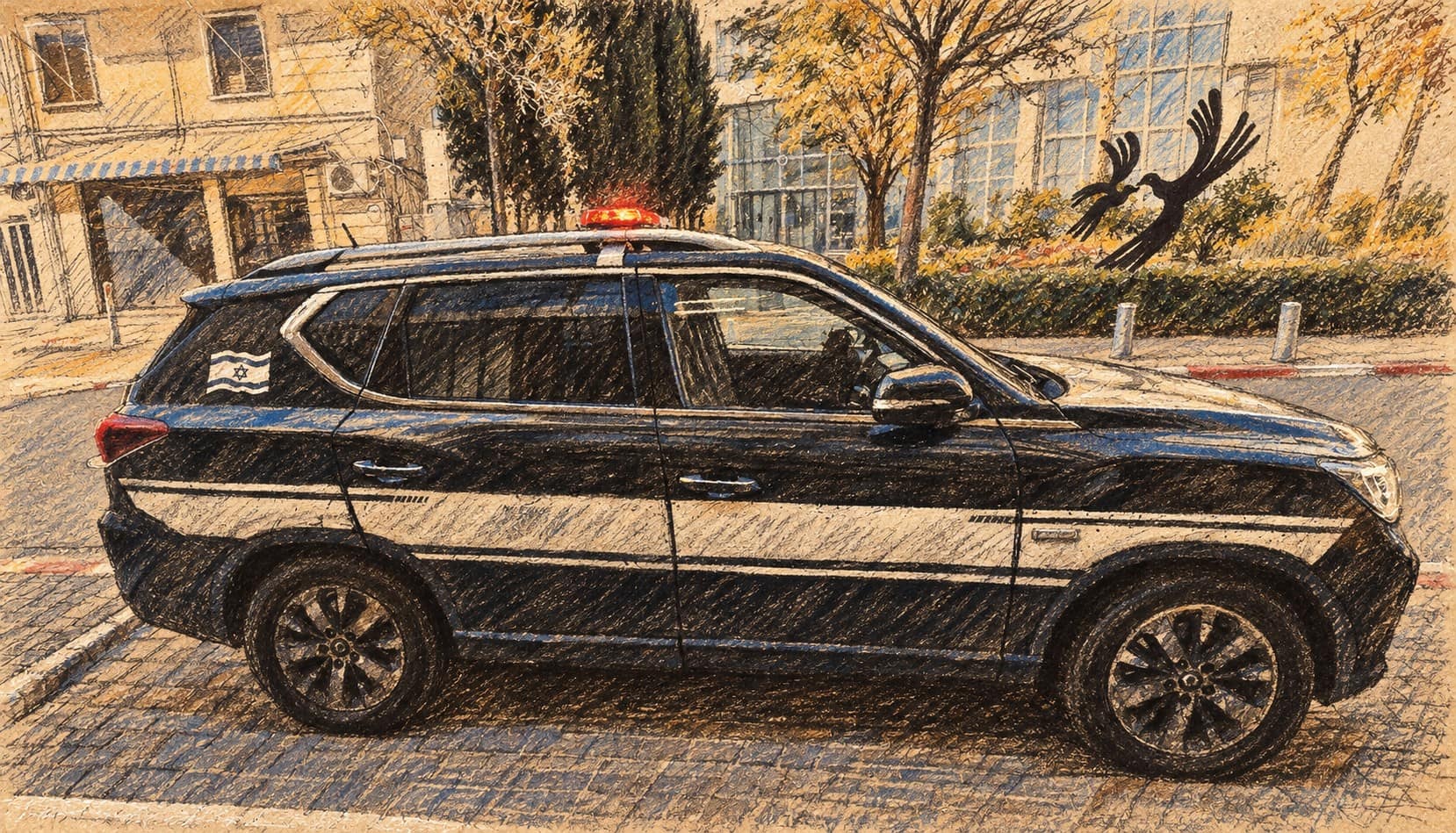 Courtroom-sketch editorial illustration of an archival February 2026 police SUV on a Tel Aviv street, used as contextual policing imagery rather than a depiction of the municipal bribery arrests or any suspects