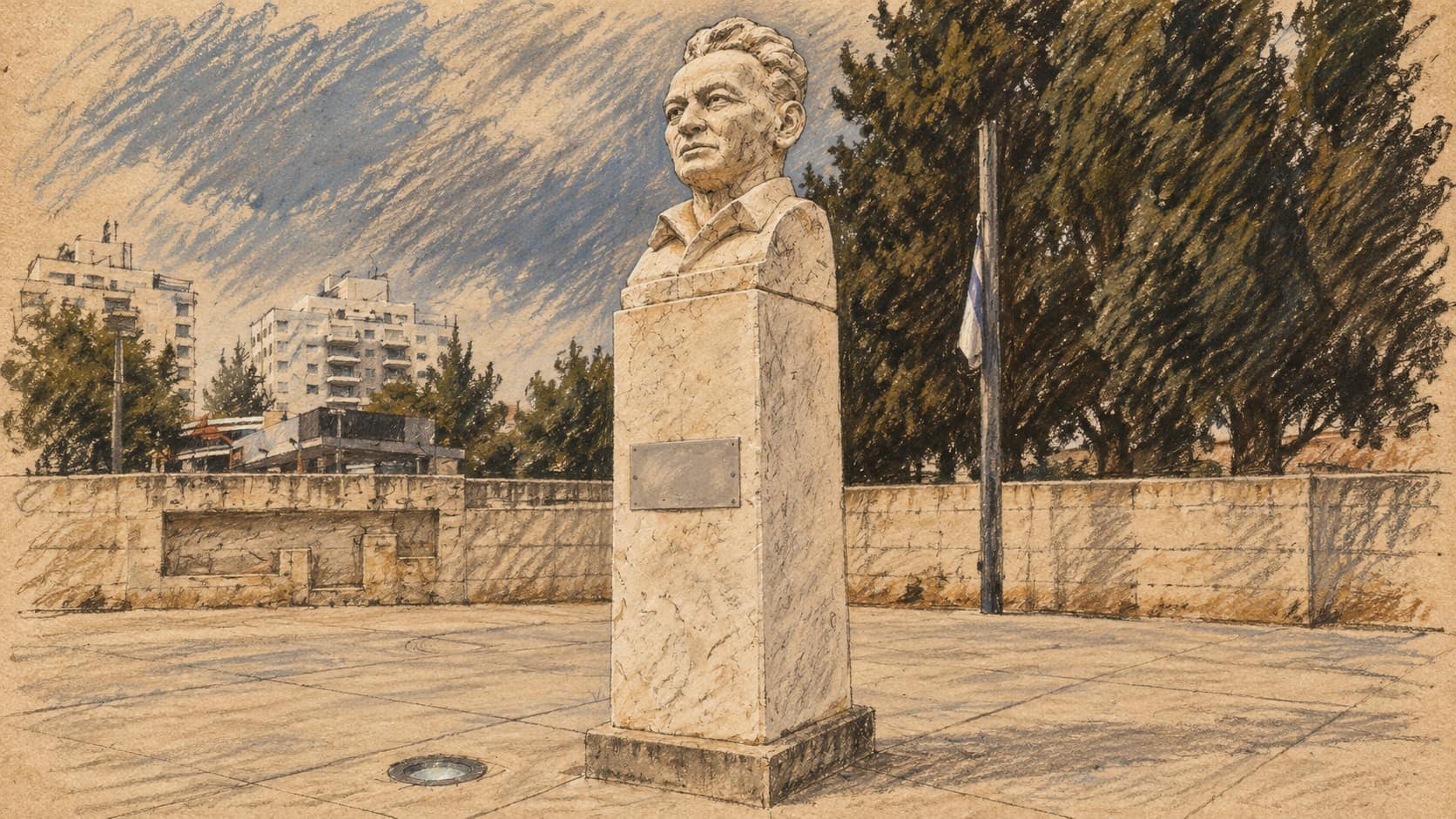 Courtroom-sketch editorial illustration of the Yigal Allon monument and paved Operation Danny Square in Ramla, with trees and distant buildings; archival city context, not a depiction of the school discussions.