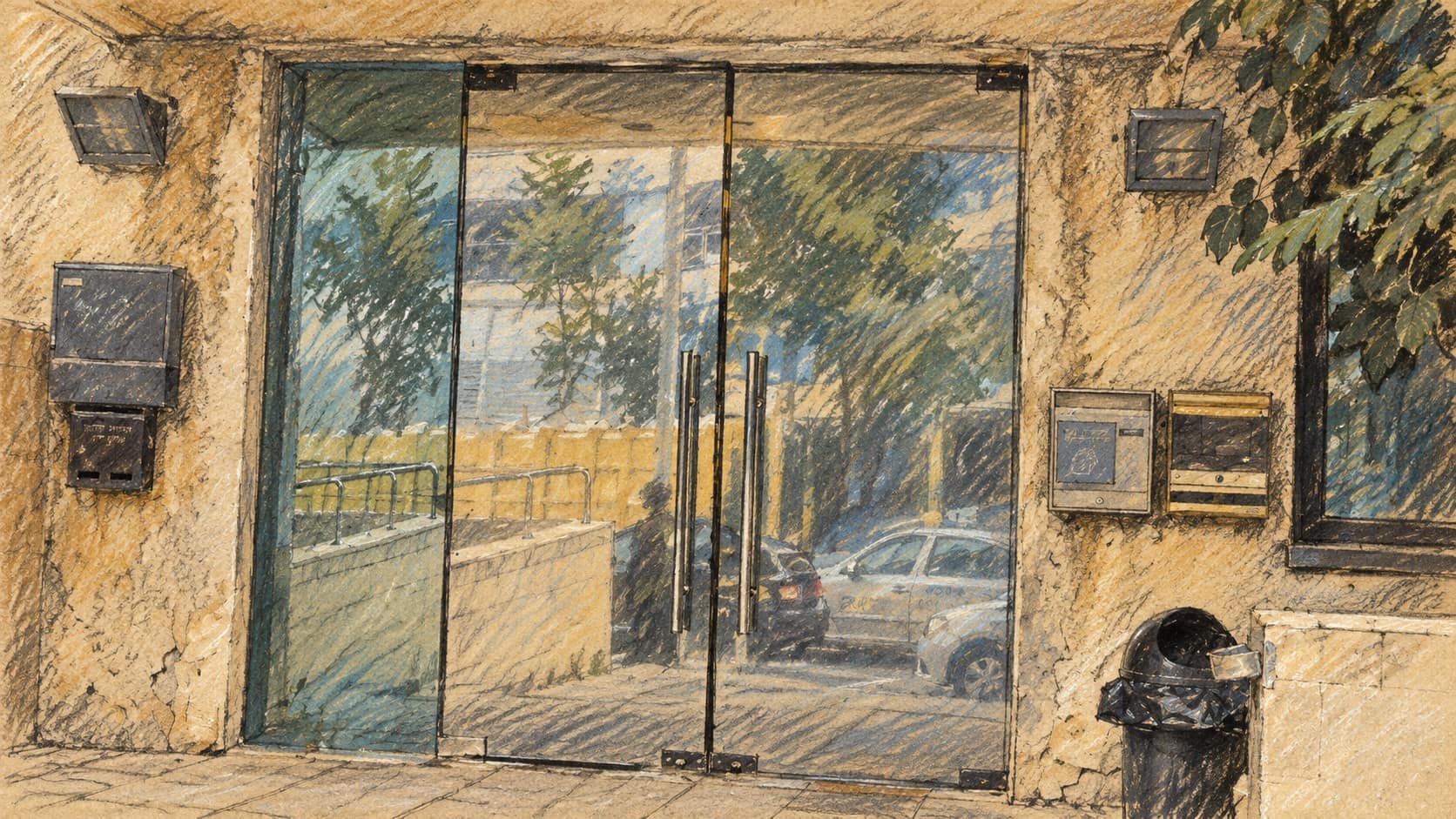 Courtroom-sketch editorial illustration of an archival Corporations Authority office entrance in Tel Aviv, with reflective glass doors, stone walls and mailboxes; institutional context for business registration, not the October 2026 enforcement campaign.