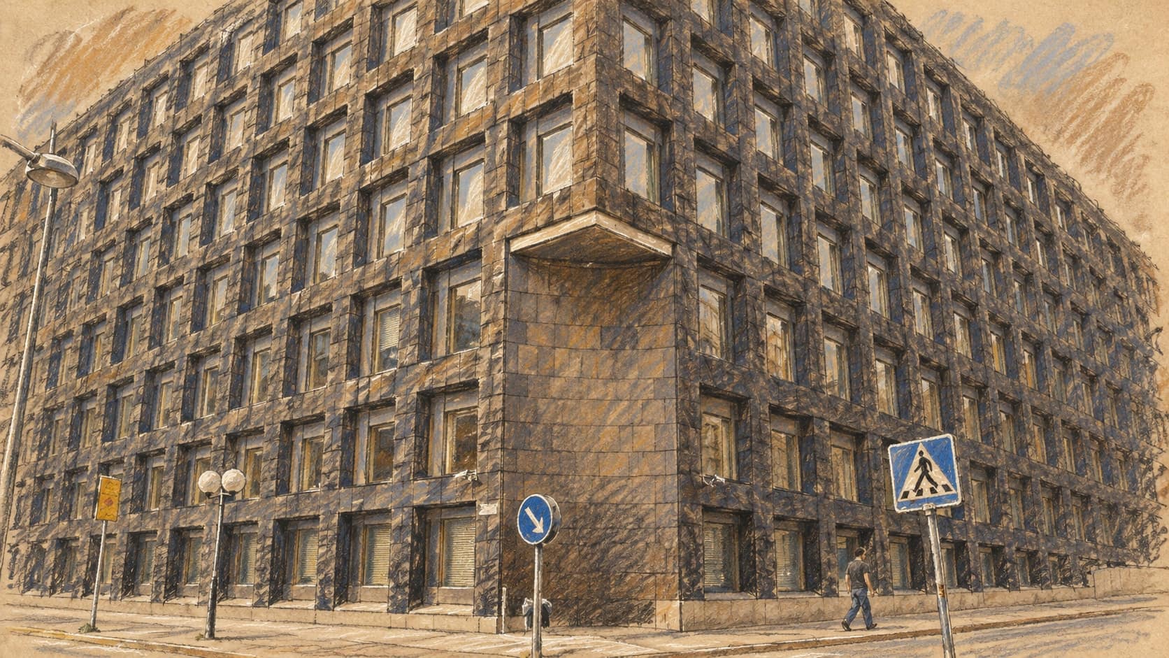 Courtroom-sketch editorial illustration of a street-level corner view of Sveriges Riksbank headquarters in Stockholm, with its dark stone facade, grid of windows, street lamps, road signs and a lone pedestrian; archival 2007 institutional context for the economics prize, not a depiction of the 2026 award announcement, rendered in warm ochre and slate-blue pastel strokes.