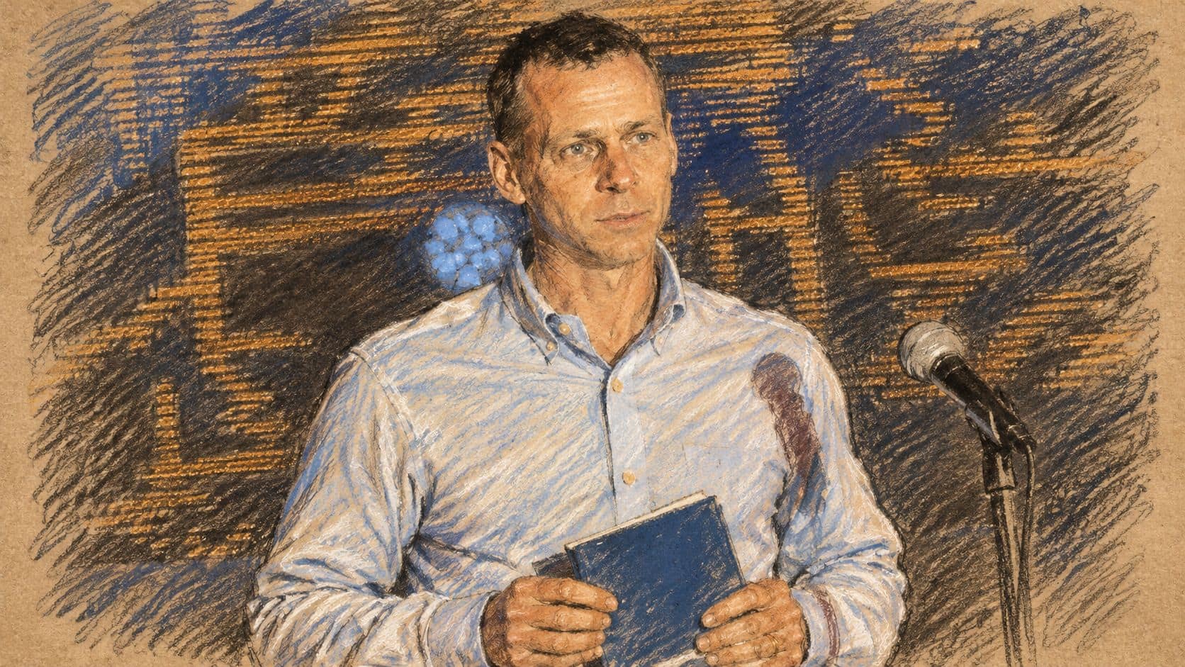 Courtroom-sketch editorial illustration of an archival portrait of journalist Amit Segal holding a book beside a microphone at Ofra in August 2025