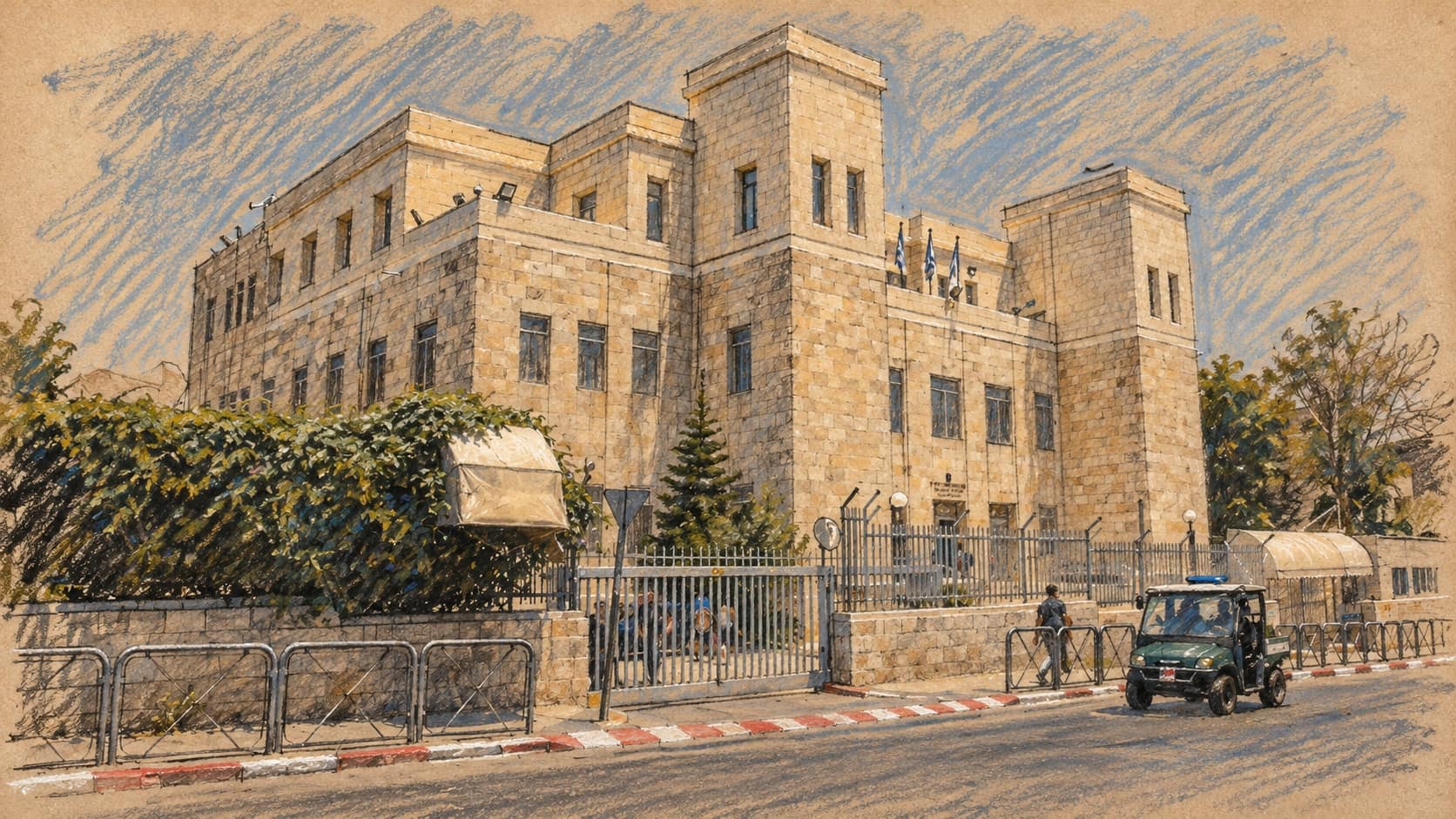 Courtroom-sketch editorial illustration of the archival Jerusalem District Court exterior, fence, hedges and passing utility vehicle; contextual view from 2007, not a depiction of the October 12 testimony.