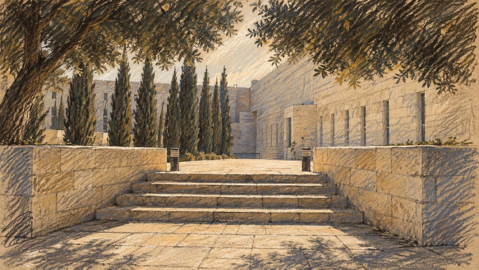 Courtroom-sketch editorial illustration of the Supreme Court entrance steps and stone building in Jerusalem, based on an archival August 2012 photograph; institutional context, not the October 12 return-timetable proceeding or Smotrich statement.
