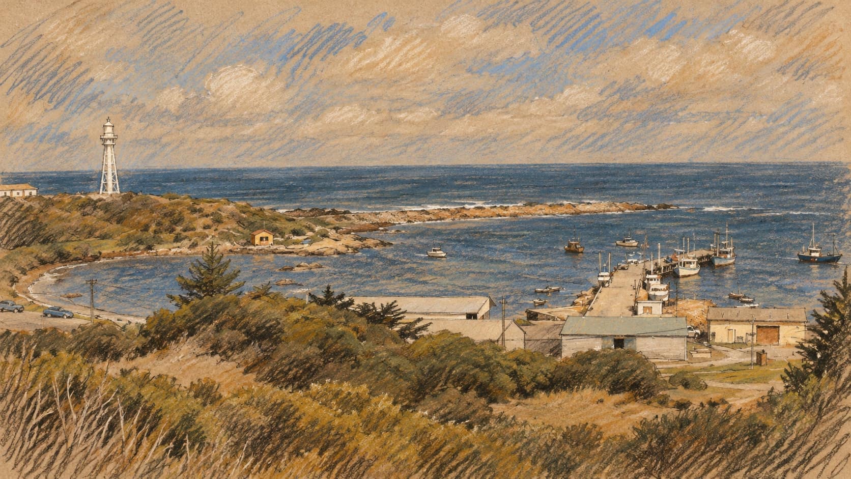 Courtroom-sketch editorial illustration of an archival February 2007 view of Currie Harbour on King Island, with a lighthouse on the left, fishing boats and jetty on the right and coastal scrub and buildings in the foreground; regional geographic context, not the Dolphin mine or the 2026 recovery fund announcement, rendered in warm ochre and slate-blue pastel strokes.