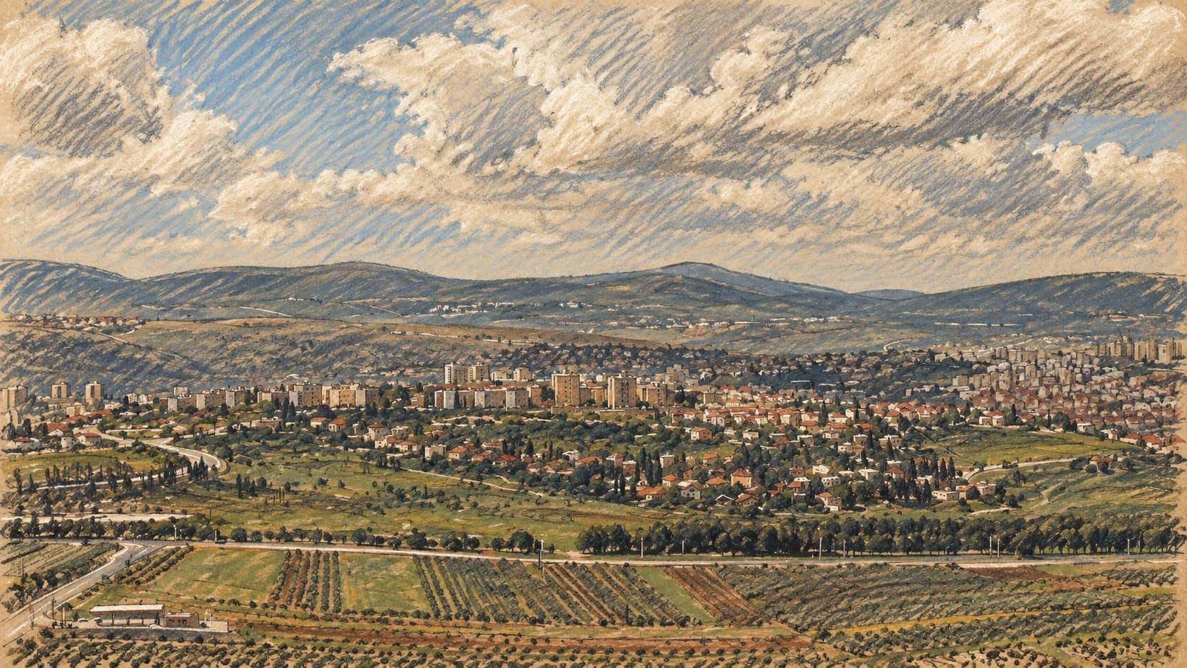 Courtroom-sketch editorial illustration of an archival panoramic view of Karmiel and neighboring Galilee hills, providing regional context rather than depicting the Sajur Junction crash