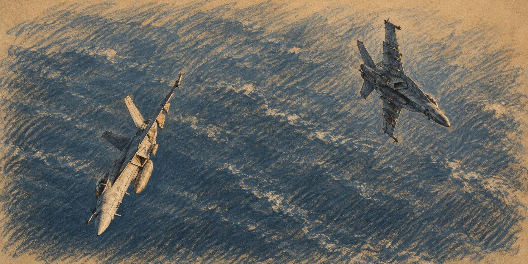 Courtroom-sketch editorial illustration of two U.S. Navy F/A-18 Super Hornets banking over open water in an archival April 2025 scene, illustrating regional military context for reported discussions rather than a new strike.
