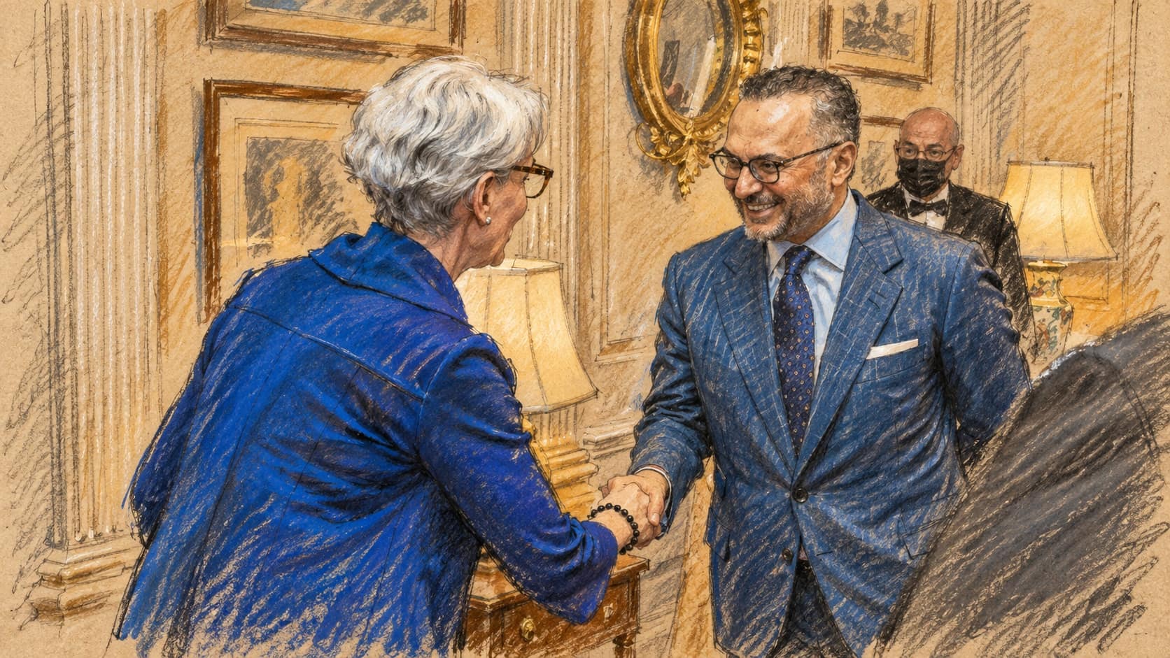 Courtroom-sketch editorial illustration of Anwar Gargash greeting Wendy Sherman during an archival 2021 diplomatic meeting