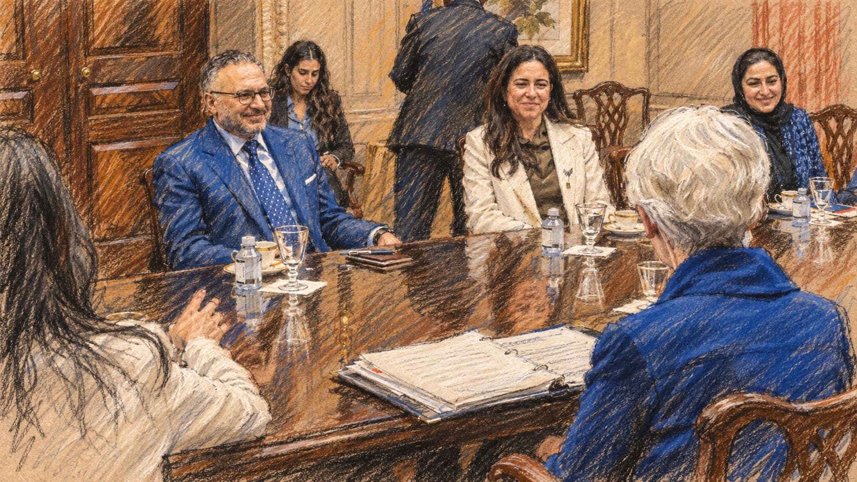 Courtroom-sketch editorial illustration of Anwar Gargash in a blue suit seated across a conference table from Wendy Sherman, with fellow participants in an archival July 2021 diplomatic meeting in Washington, rendered in warm ochre and slate-blue pastel strokes; contextual imagery, not a depiction of his October 2026 statement or a new meeting.