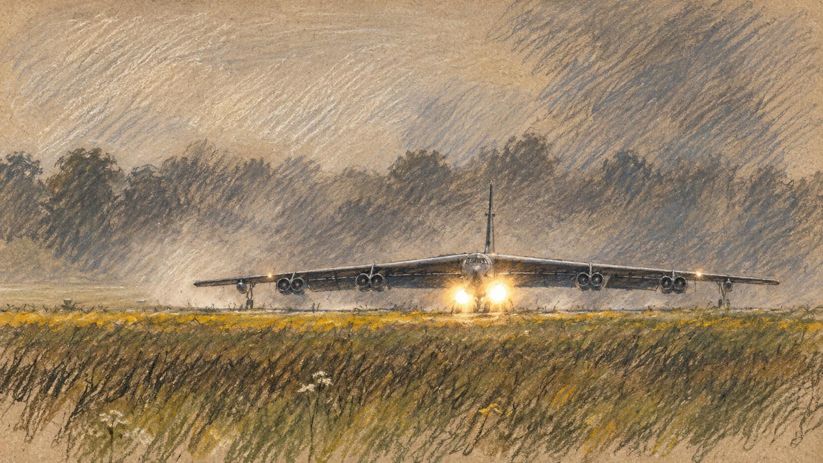 Courtroom-sketch editorial illustration of a front-facing B-52 bomber on a misty runway at RAF Fairford, based on an archival May 2024 photograph, with bright landing lights and low grass in the foreground.