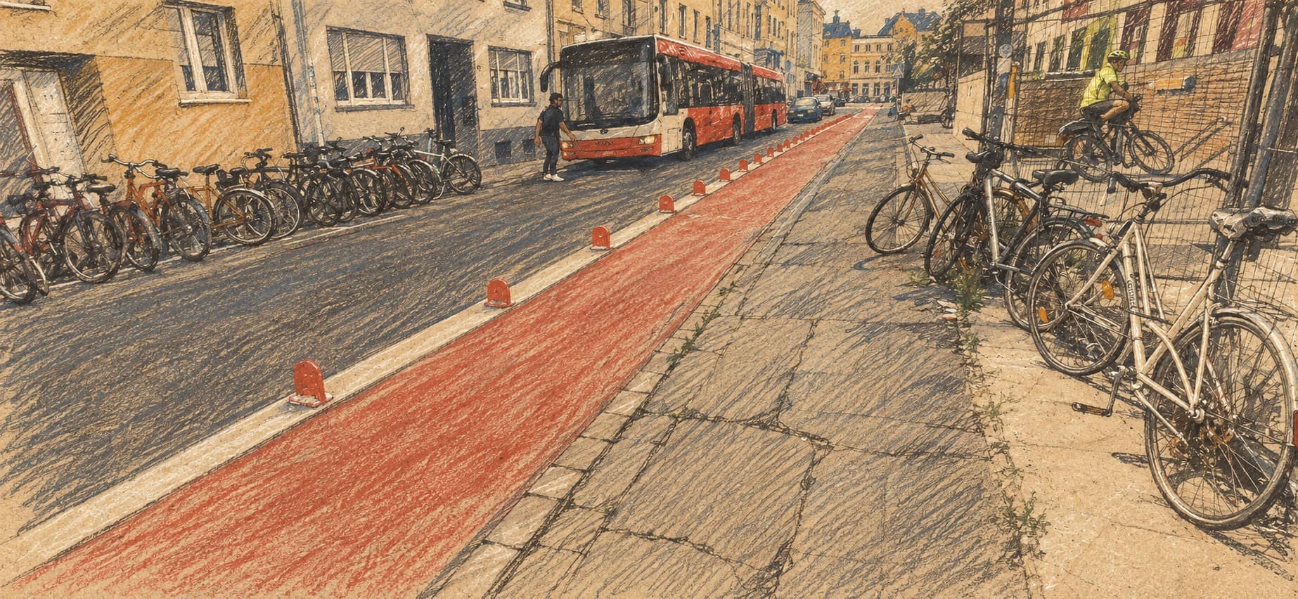 Courtroom-sketch editorial illustration of an archival separated bicycle lane in Bonn, with parked bicycles and a bus, used as cycling-safety context; it does not depict Yavne or the clubs' new guidance.