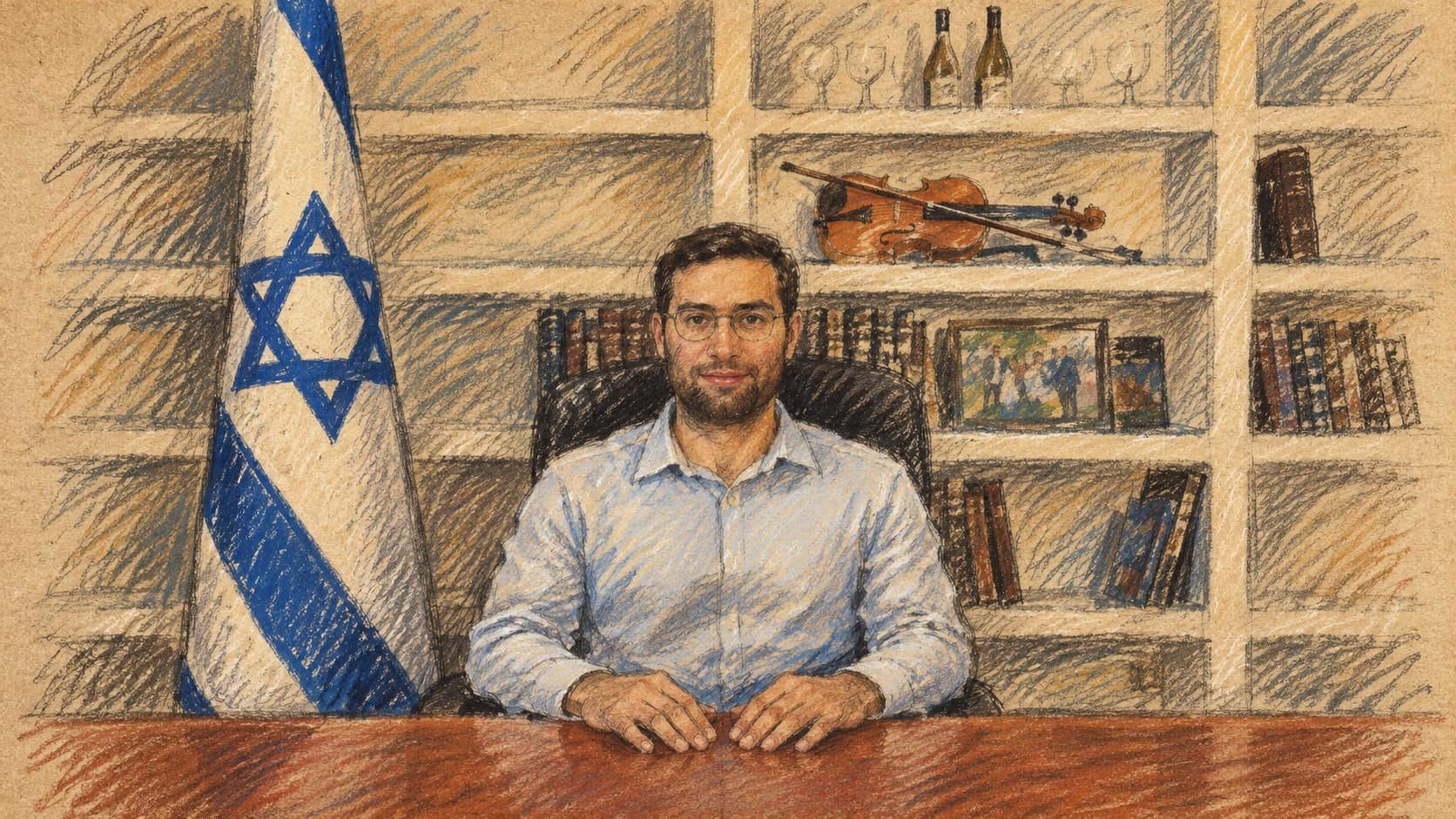 Courtroom-sketch editorial illustration of Yitzhak Wasserlauf seated at a desk beside an Israeli flag and bookshelves, based on an archival August 2022 portrait; it does not depict his newborn son or the birth announcement.