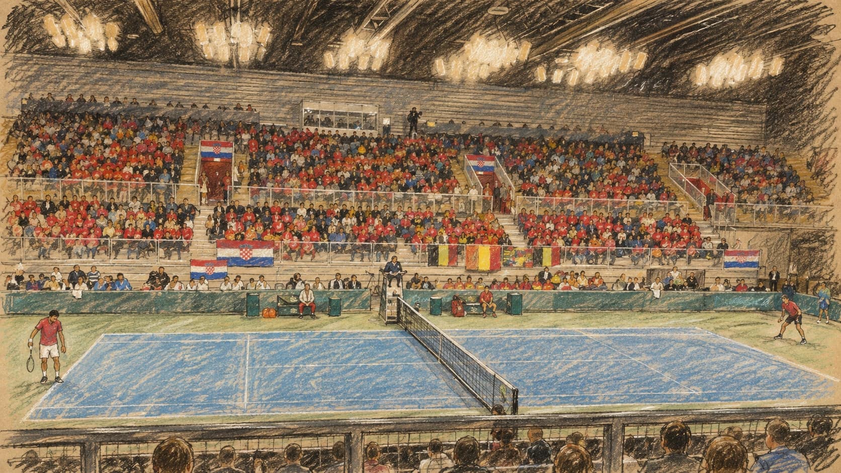 Courtroom-sketch editorial illustration of an indoor tennis court with two players, a central net, overhead lights and tiered spectators at an archival 2024 Davis Cup Croatia-Belgium match in Varaždin; sporting context, not a depiction of the October 2026 Shanghai match, rendered in warm ochre and slate-blue pastel strokes.